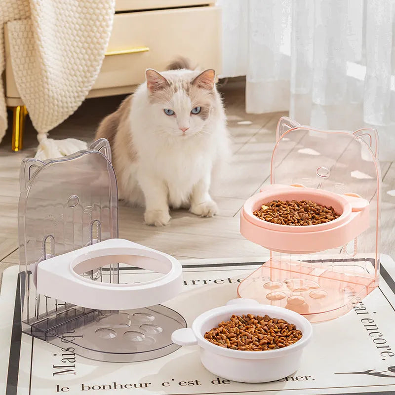 Grey adjustable height cat feeding bowl with anti-spill design and neck protection features