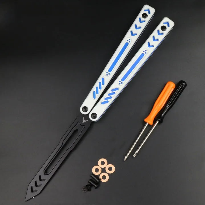 Unbladed ether butterfly knife with G10 anti-slip patch on aluminium handle, view of side profile