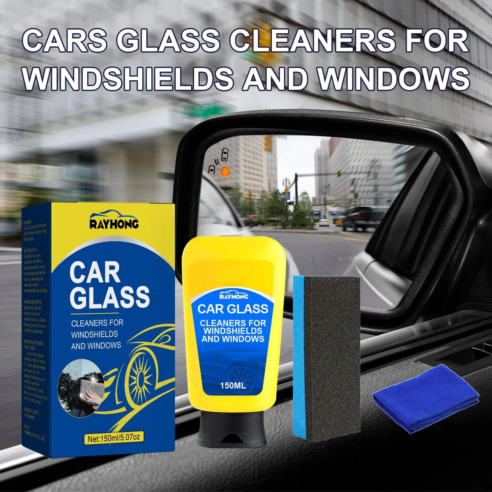 Windshield automotive detergent 150ml with sponge and cloth for car glass cleaning