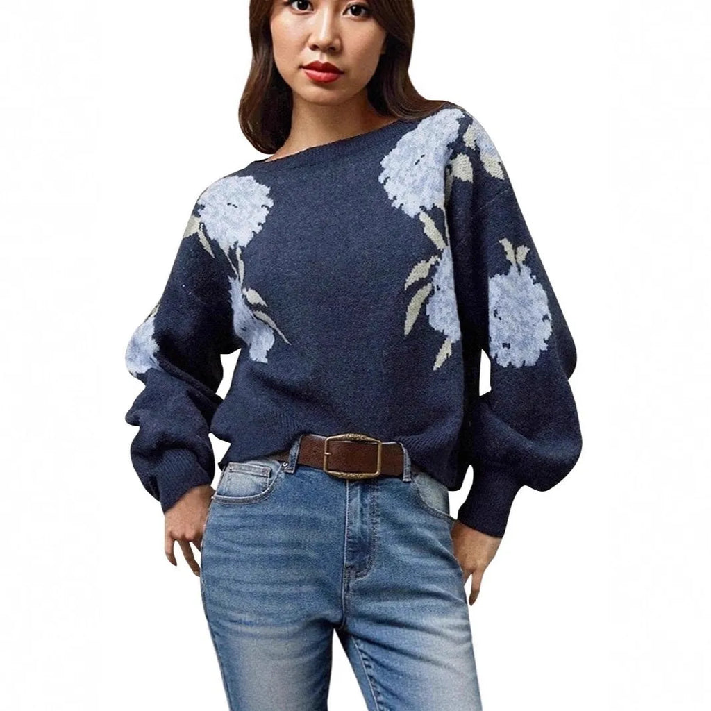 Sapphire blue women's loose pullover with all-over floral jacquard pattern, long sleeves.
