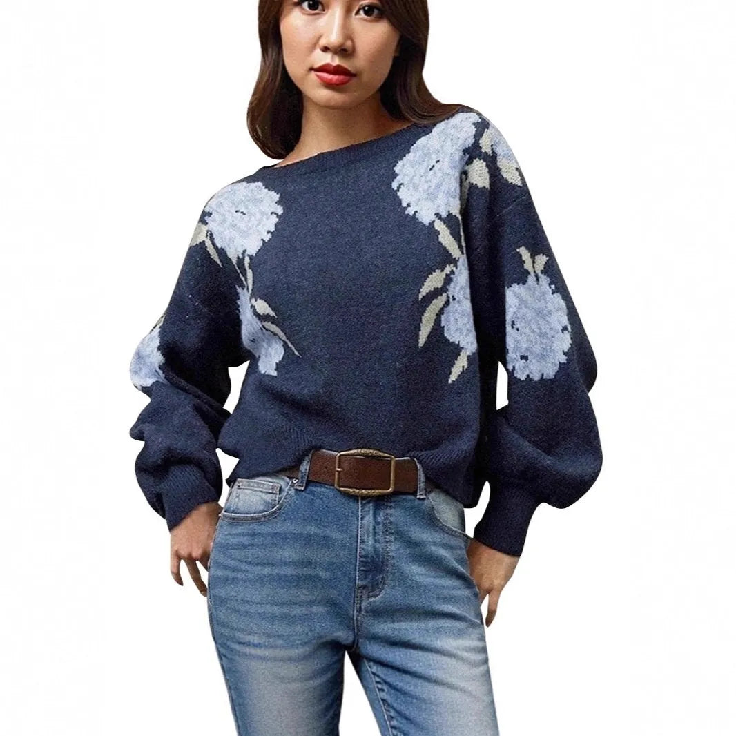 Sapphire blue women's loose pullover with all-over floral jacquard pattern, long sleeves.