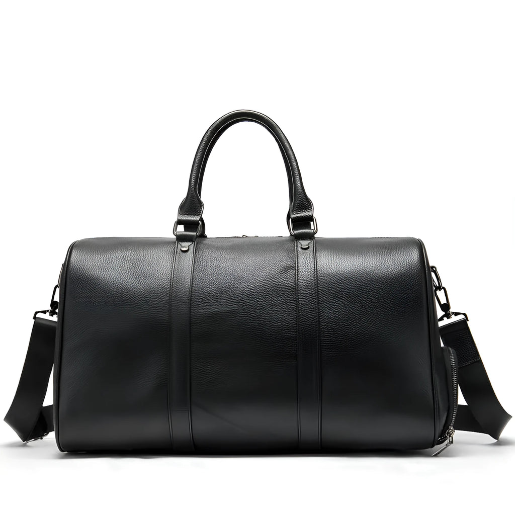 Men's black leather excursion tote bag with single shoulder strap