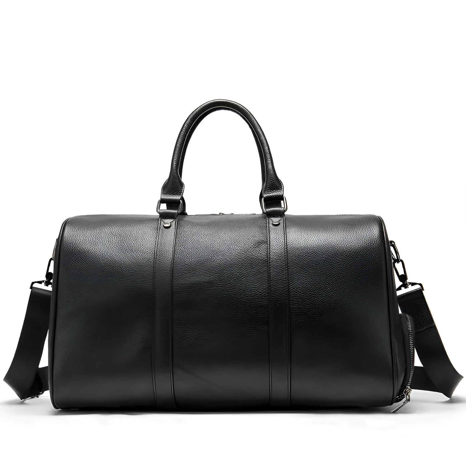 Men's black leather excursion tote bag with single shoulder strap