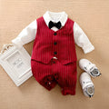 Wine red cotton baby boy romper with long sleeves and single-breasted front.