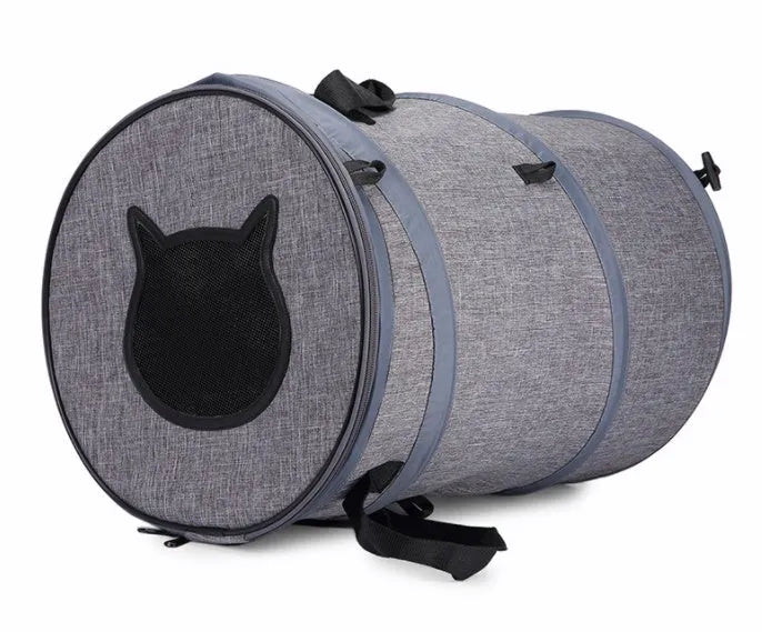 Fodable grey foldable pet carrier bag made of Oxford cloth, with top skylight and side storage pockets, 36x53cm size.