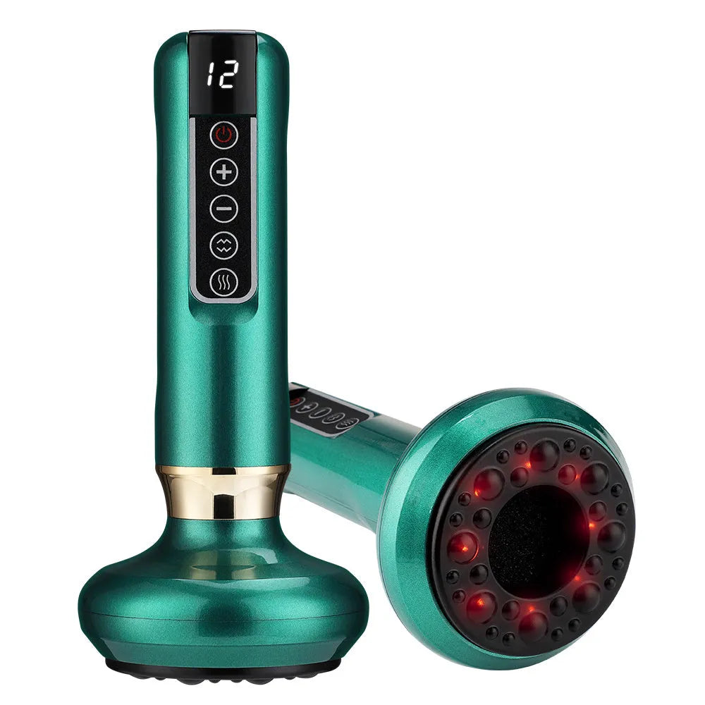 Green electric vacuum cupping massager device with USB charger on a white background