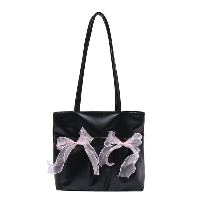College style bow tote bag in black with large capacity, PU material, and double shoulder straps