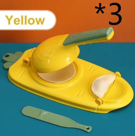 2-in-1 plastic dumpling dough press maker in orange and white, with ergonomic handle and hanging hole for storage