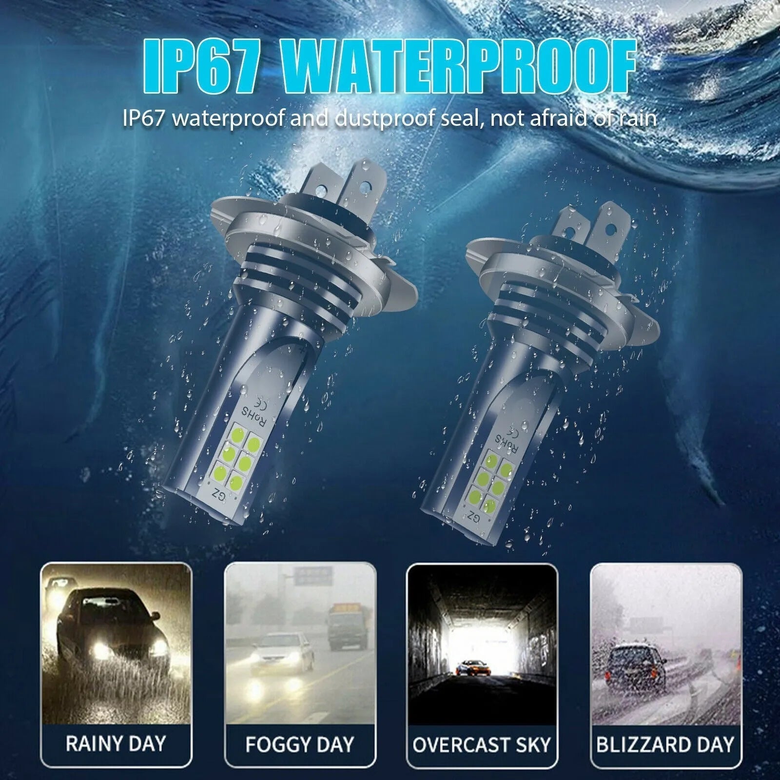 Universal LED car fog light bulb with aviation aluminium housing, showing base connectors for H7, 9005, H11 formats.