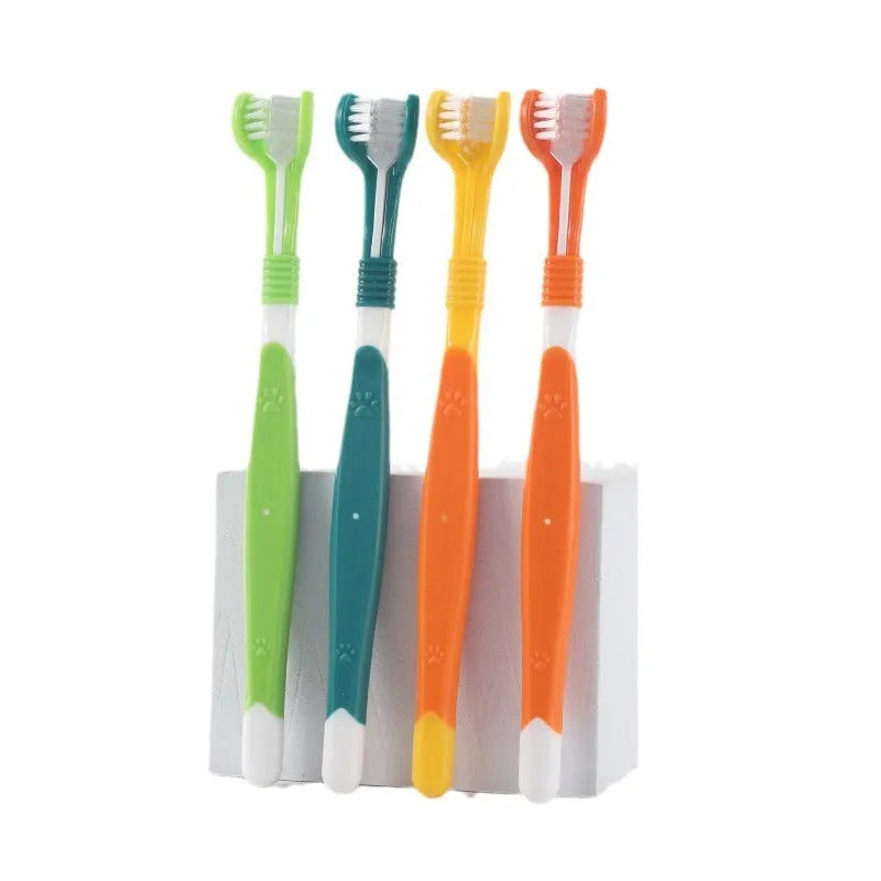 Pet toothbrush with plastic handle and nylon bristles in multiple colour options on sealed bag packaging