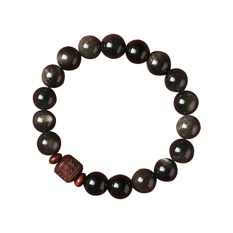 Hand-woven unisex 10mm round Golden Obsidian bracelet in retro National style