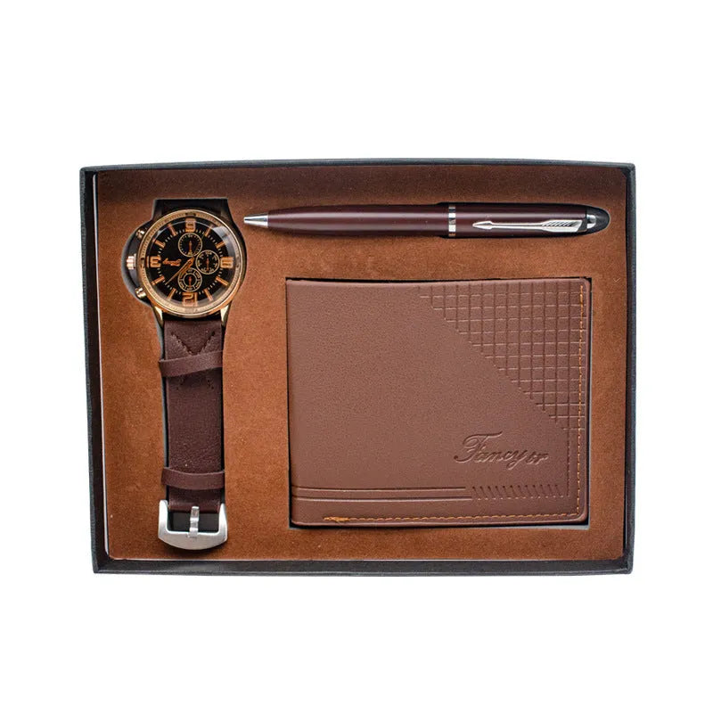Brown and black 4-piece business gift sets featuring a watch, wallet, pen, and modern simple style presentation box.