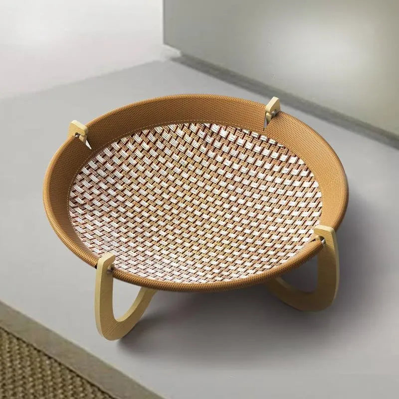 Brown woven rattan pet cooling bed hammock measuring 46cm square and 17.5cm high.