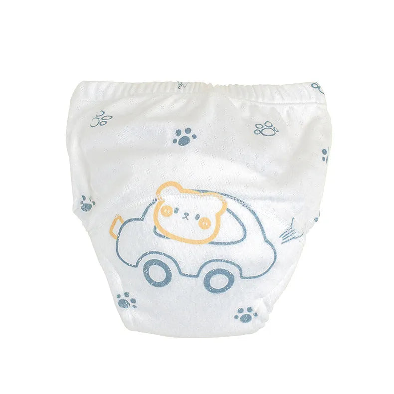 Newborn cloth diaper training pant in pure cotton gauze with waterproof outer, Bear Driving print, size 90 for babies under 9kg