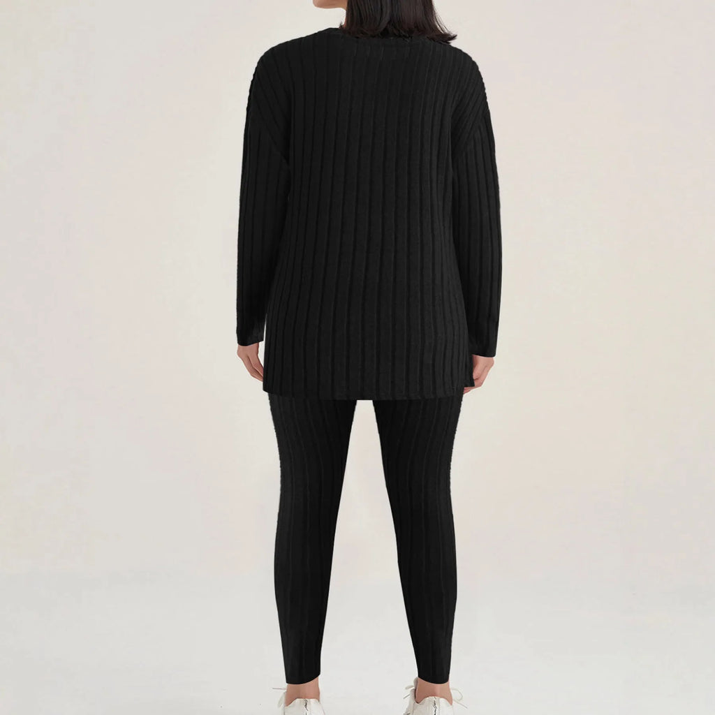 Women's black sunken stripe polyester two-piece loungewear set with regular sleeve top and matching trousers