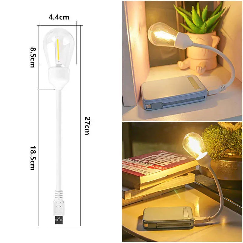 Folding USB rechargeable night light with tungsten filament bulb in warm white illumination