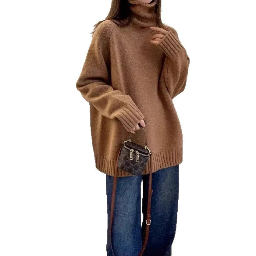 Women's loose thick turtleneck sweater with textured curling pile collar in solid colour