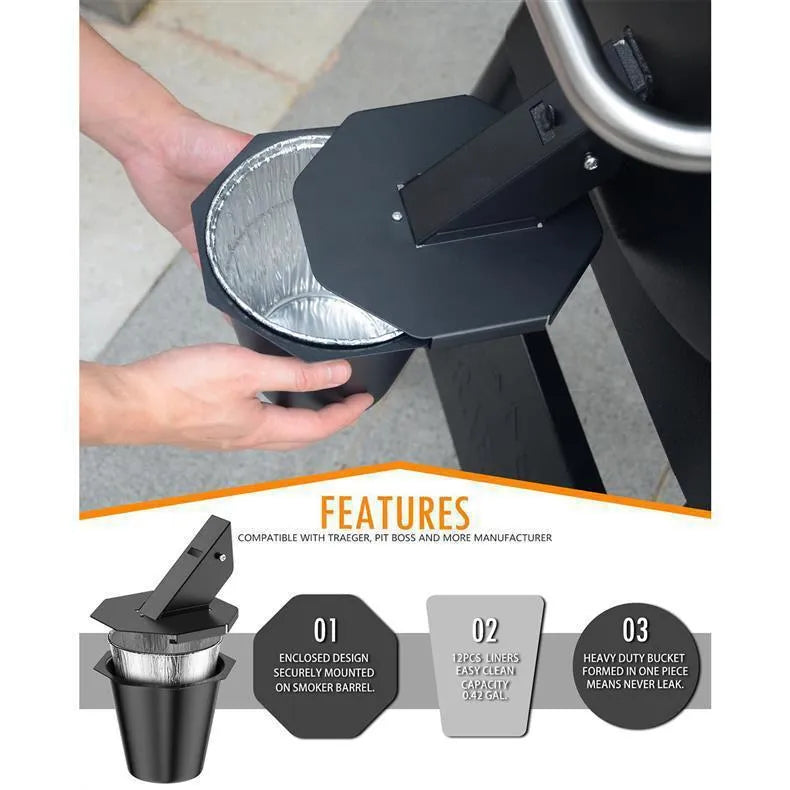 Black grease catcher with cover and tin foil buckets for barbecue drip collection, 21.5cm tall