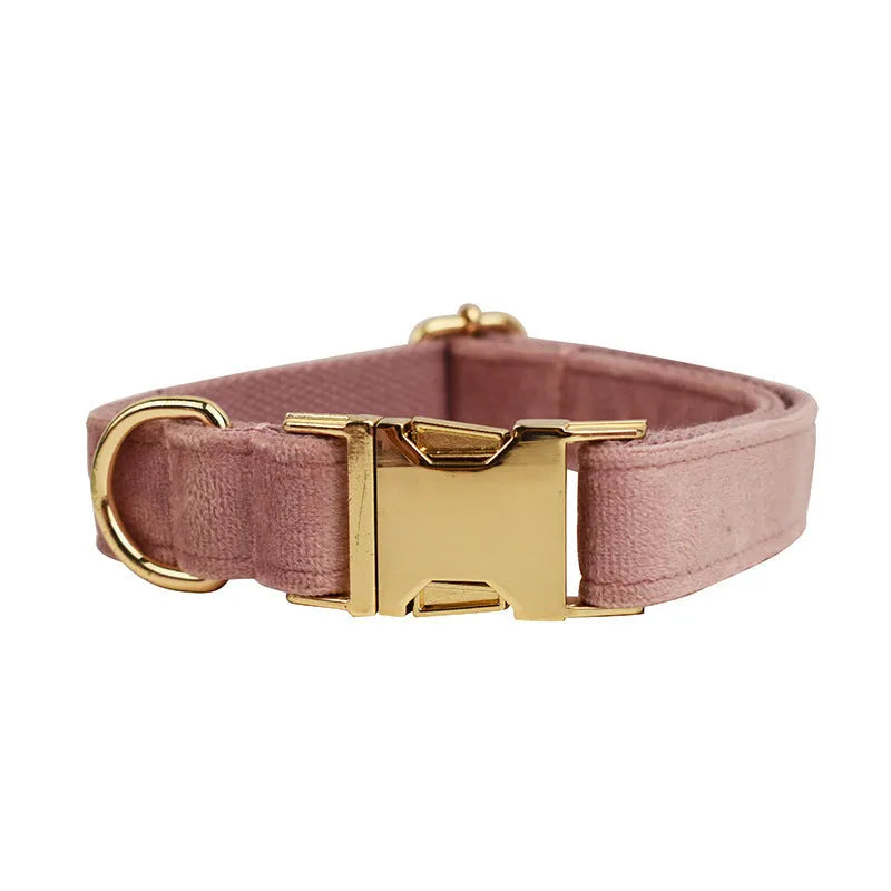 Light purple pink velvet dog collar with matching leash and vest accessory set.