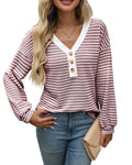 Women's patchwork V-neck pullover top with long sleeves in loose fit casual street fashion style