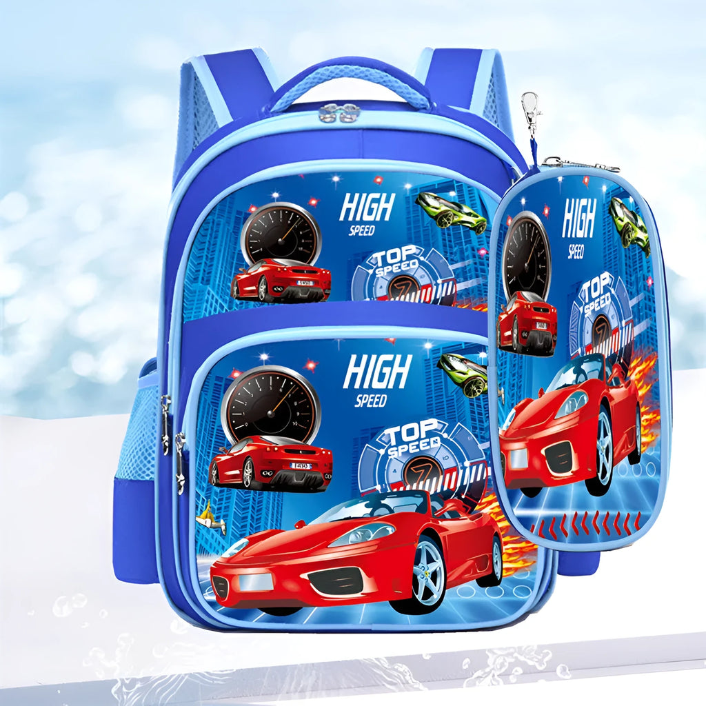 Small blue cartoon print school backpack for kids with included pencil case