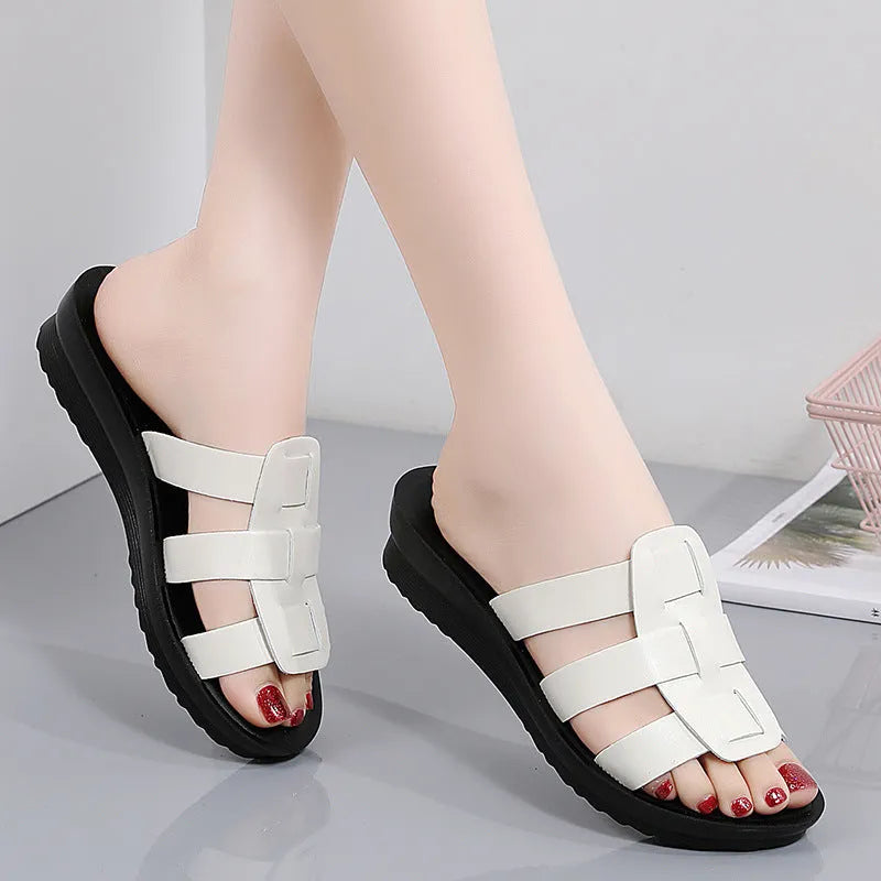 Large size flat bottom women's slippers in beige with soft PU sole and breathable viscose upper