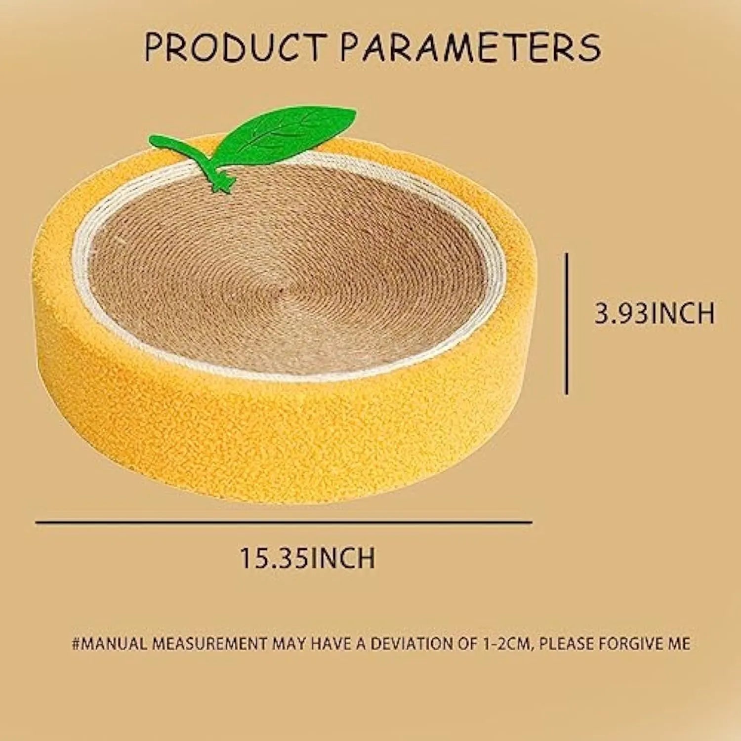Orange round fruit-shaped sisal cat scratching board and bed for small breed cats.