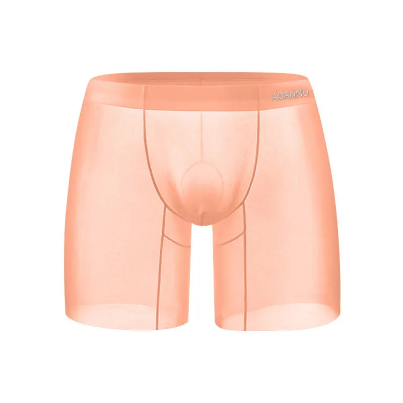 Men's nylon ice silk boxer shorts in solid orange, pink, or red colours with low-rise waistband
