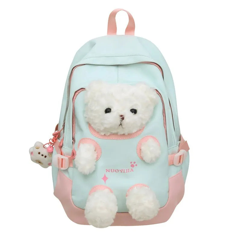 Cute Bear nylon schoolbag with curved shoulder straps, 20-35L capacity, in yellow pink colour