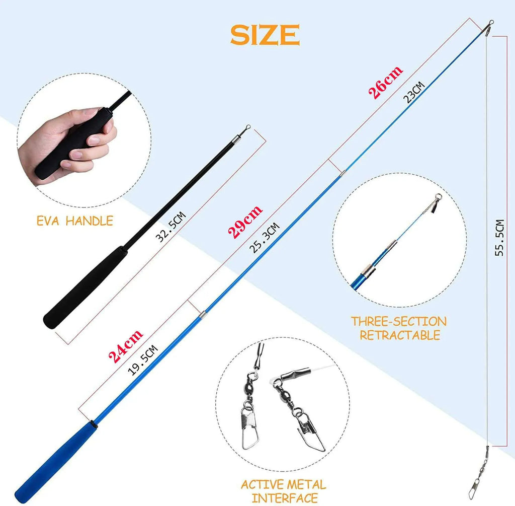 Cat handheld teaser fishing rod set with feather replacement heads and three-section design