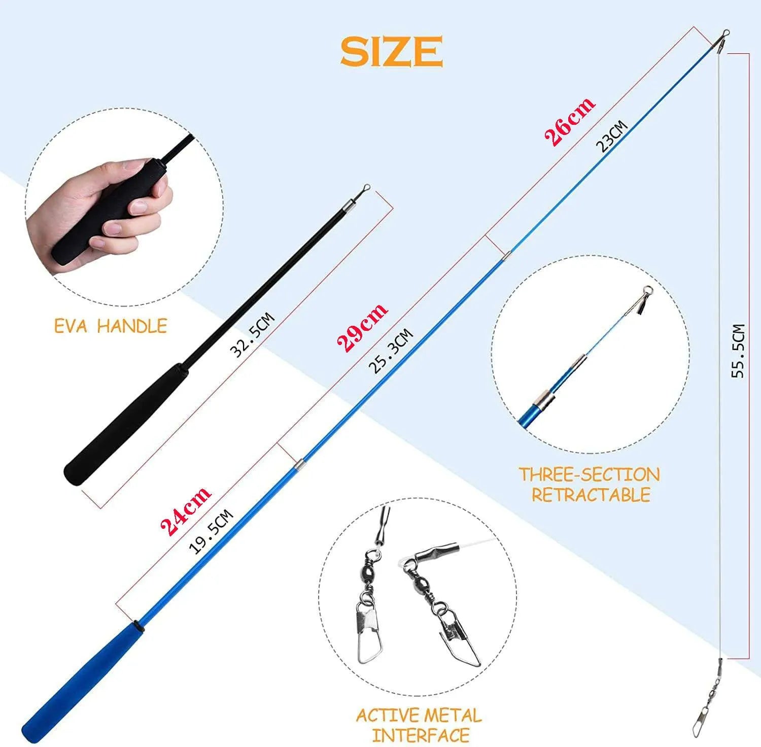 Cat handheld teaser fishing rod set with feather replacement heads and three-section design