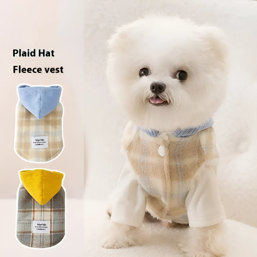 Blue corduroy dog hooded vest with chessboard grid pattern and traction hood