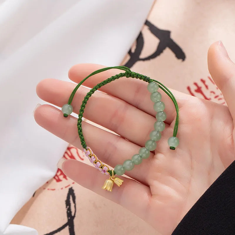 Hand woven red rope bracelet with flower charm, Lily Carrying Strap colour, national style for women