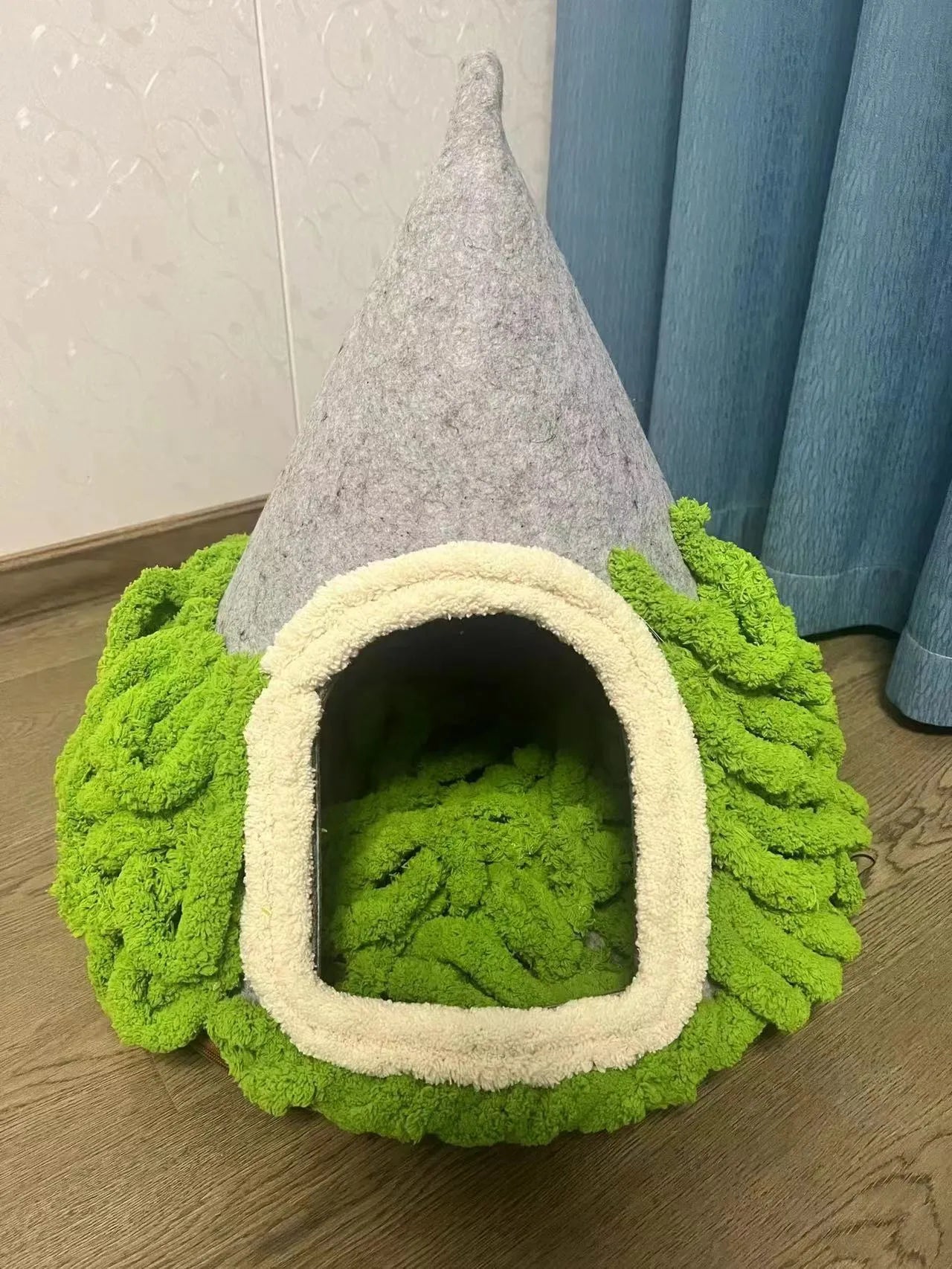 Grey handmade felt enclosed tent style cat nest 50cm diameter 51cm height for cats under 12 pounds