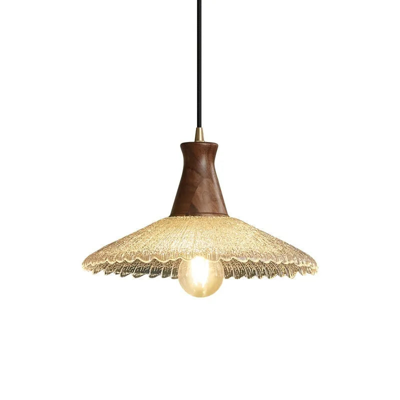 Wood and glass ceiling chandelier with brass finish, shown in small, medium and large sizes.