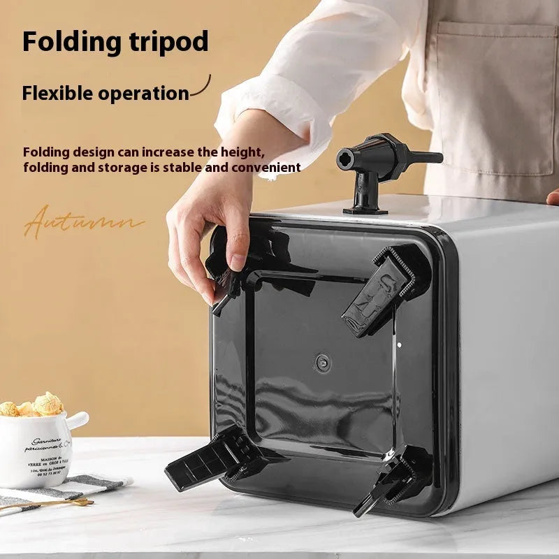 Silver stainless steel milk tea bucket with square lock design showing 8-litre capacity