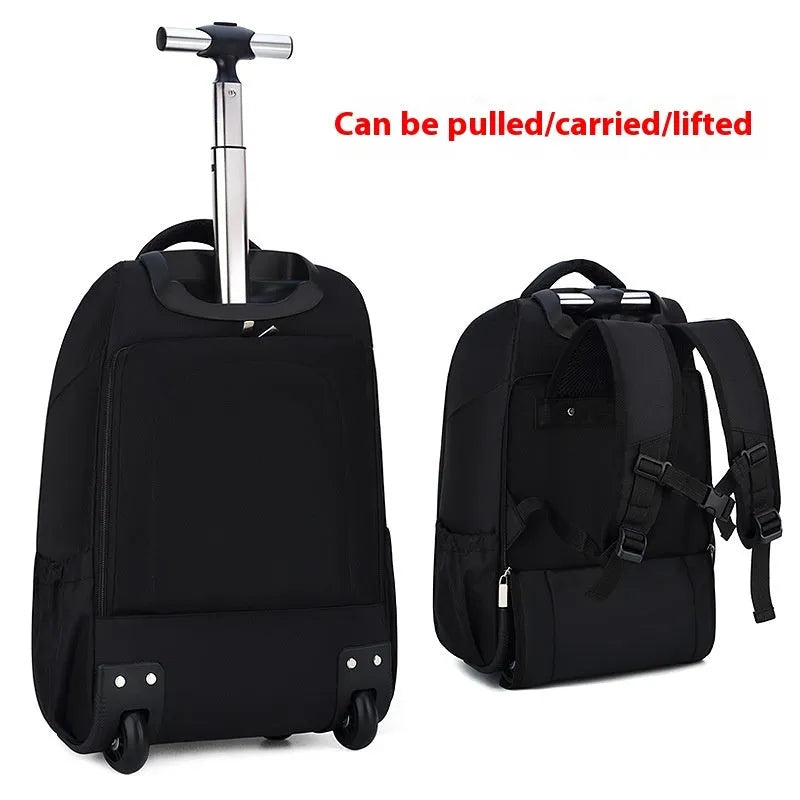 Black 18-inch nylon backpack trolley bag with letter pattern, wear resistant, for business travel