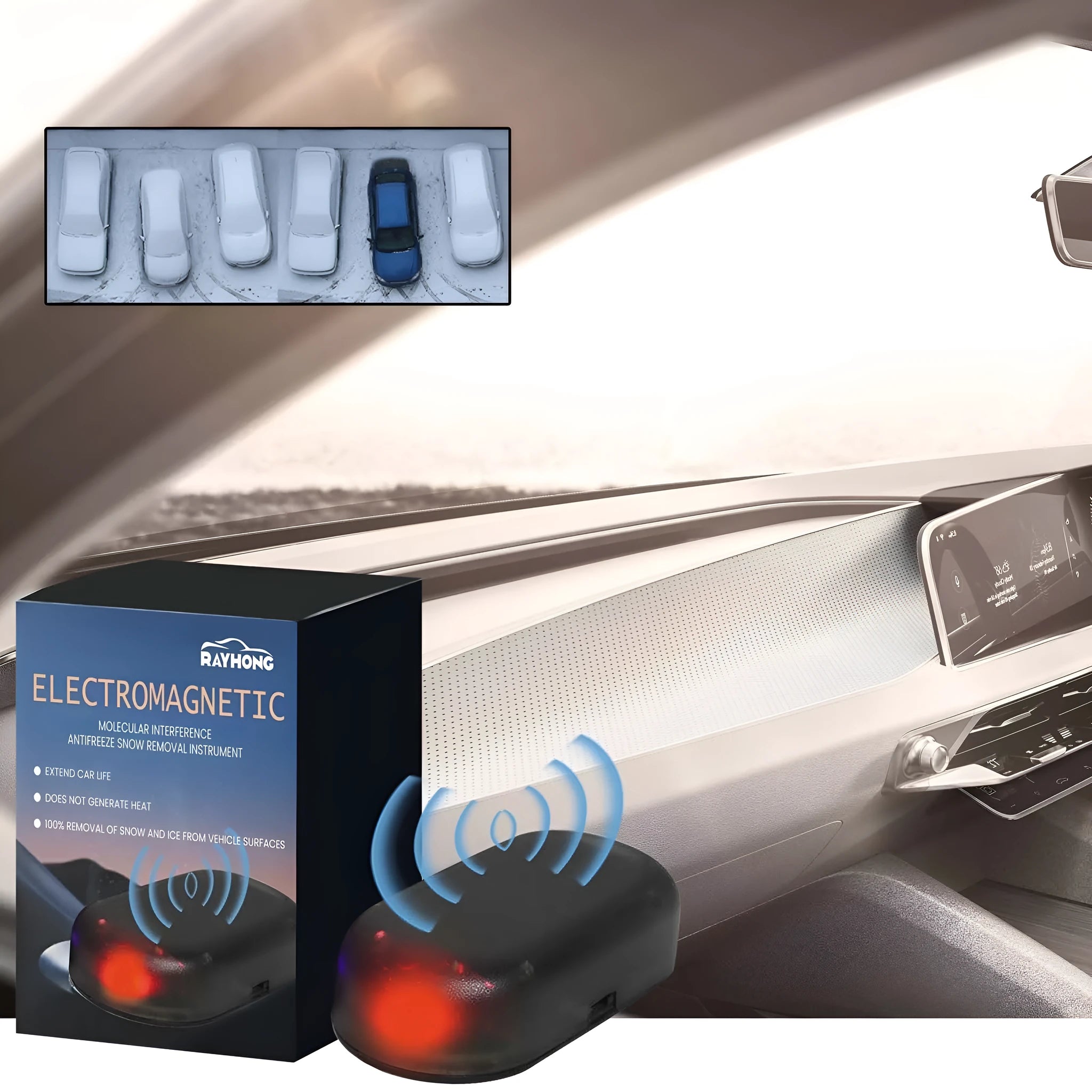 Black car snow removal deicer with special glass element measuring 5 x 2.6 x 1.5 cm for melting snow on windscreens
