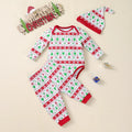 Baby Christmas tree print long-sleeve bodysuit, pants, and hat three-piece outfit on a white background
