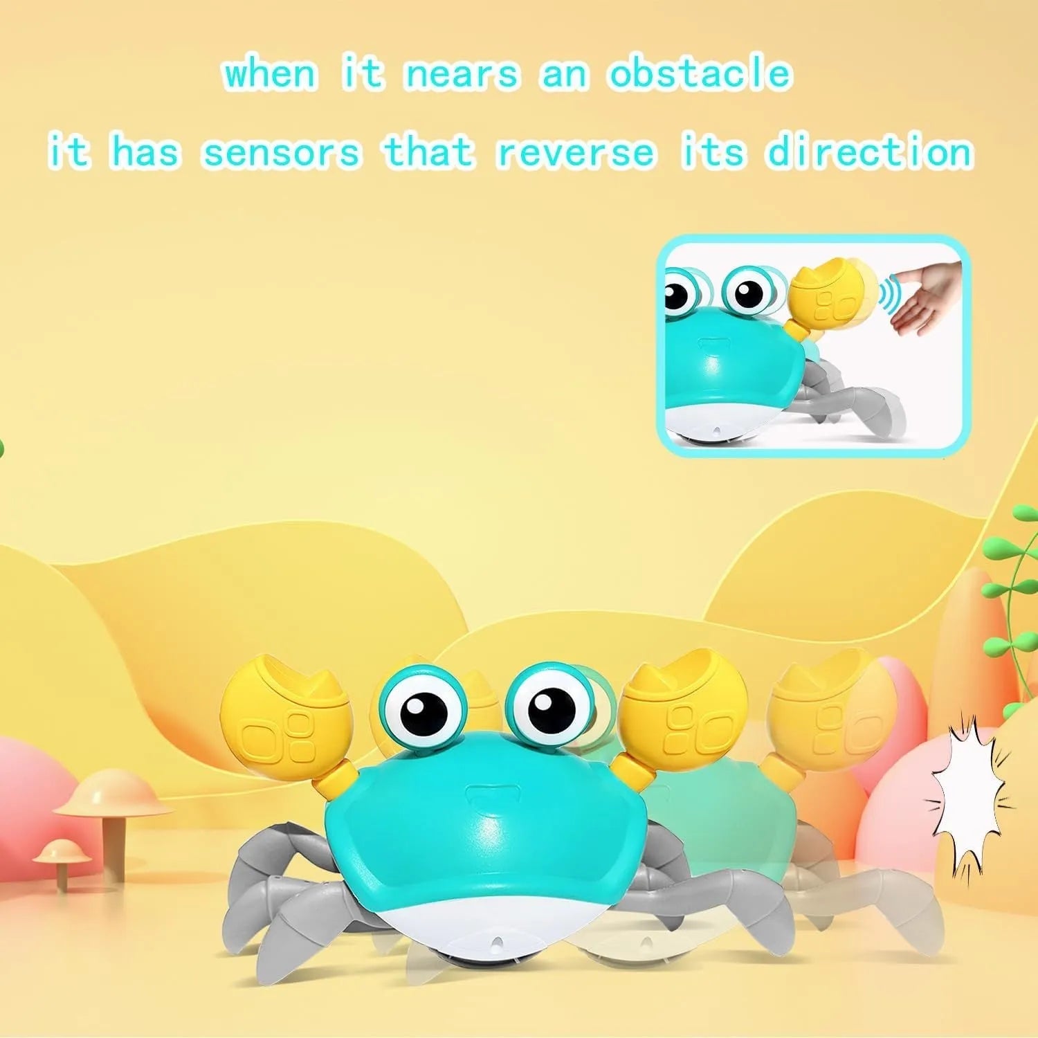 Blue interactive crawling crab dog toy with lights on, moving sideways on a floor.