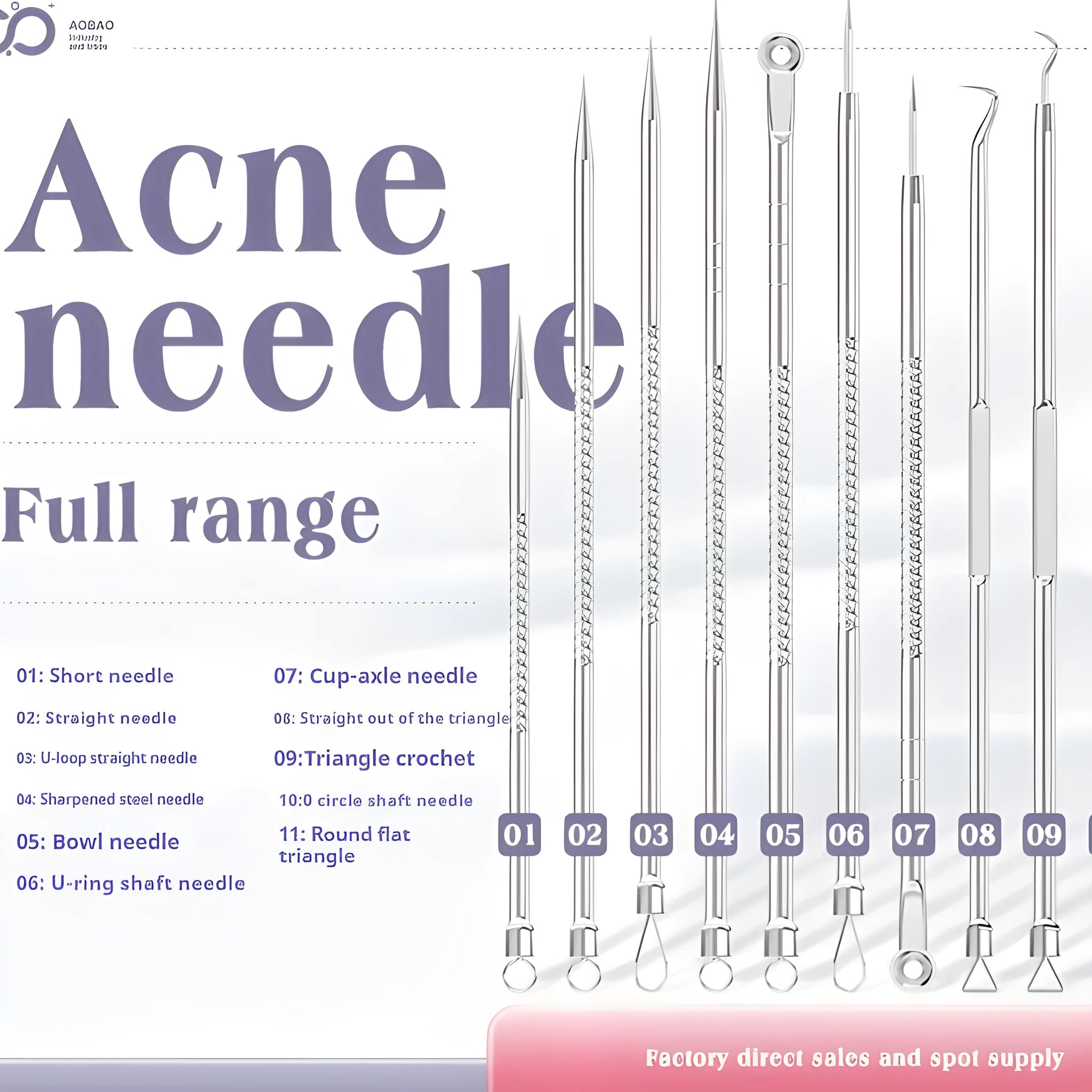 Four silver metal acne needles with ultra-fine points for blackhead removal.