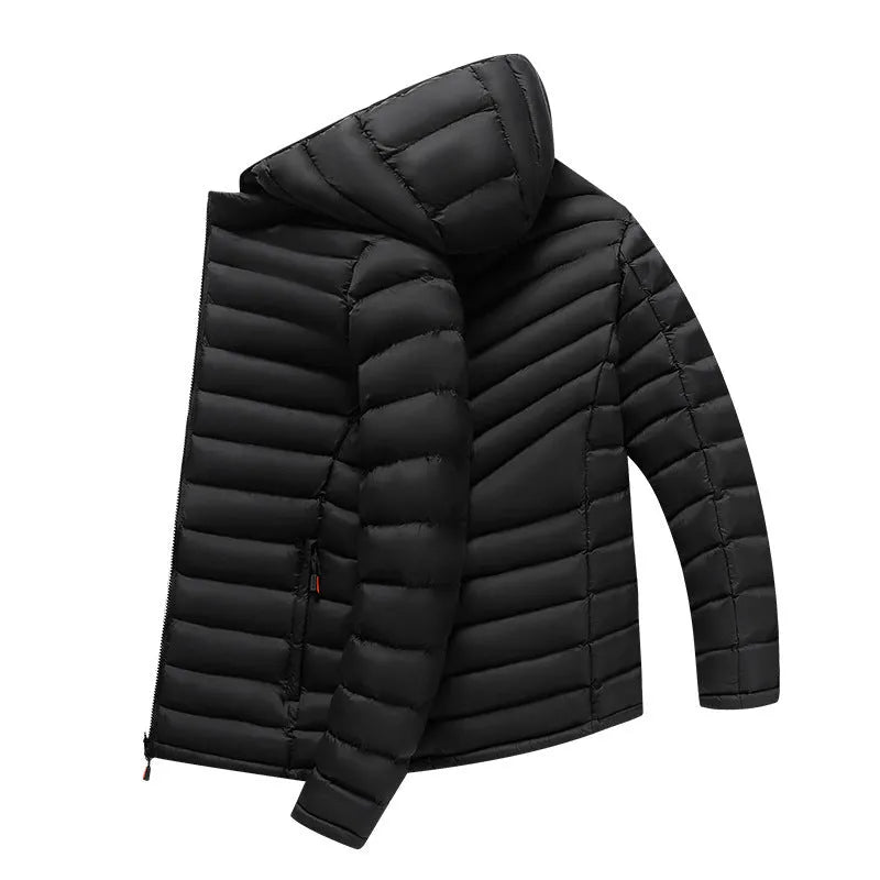 Men's lightweight hooded down jacket in army green with a detachable collar and front zipper.
