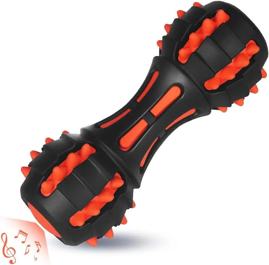 Red natural rubber dumbbell-shaped dog chew toy for medium and large breeds