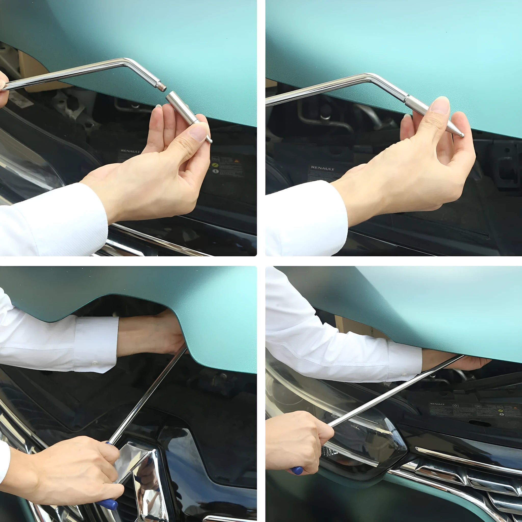 Three-piece alloy steel car dent repair tool set with hook and crowbar tools for automotive panel maintenance