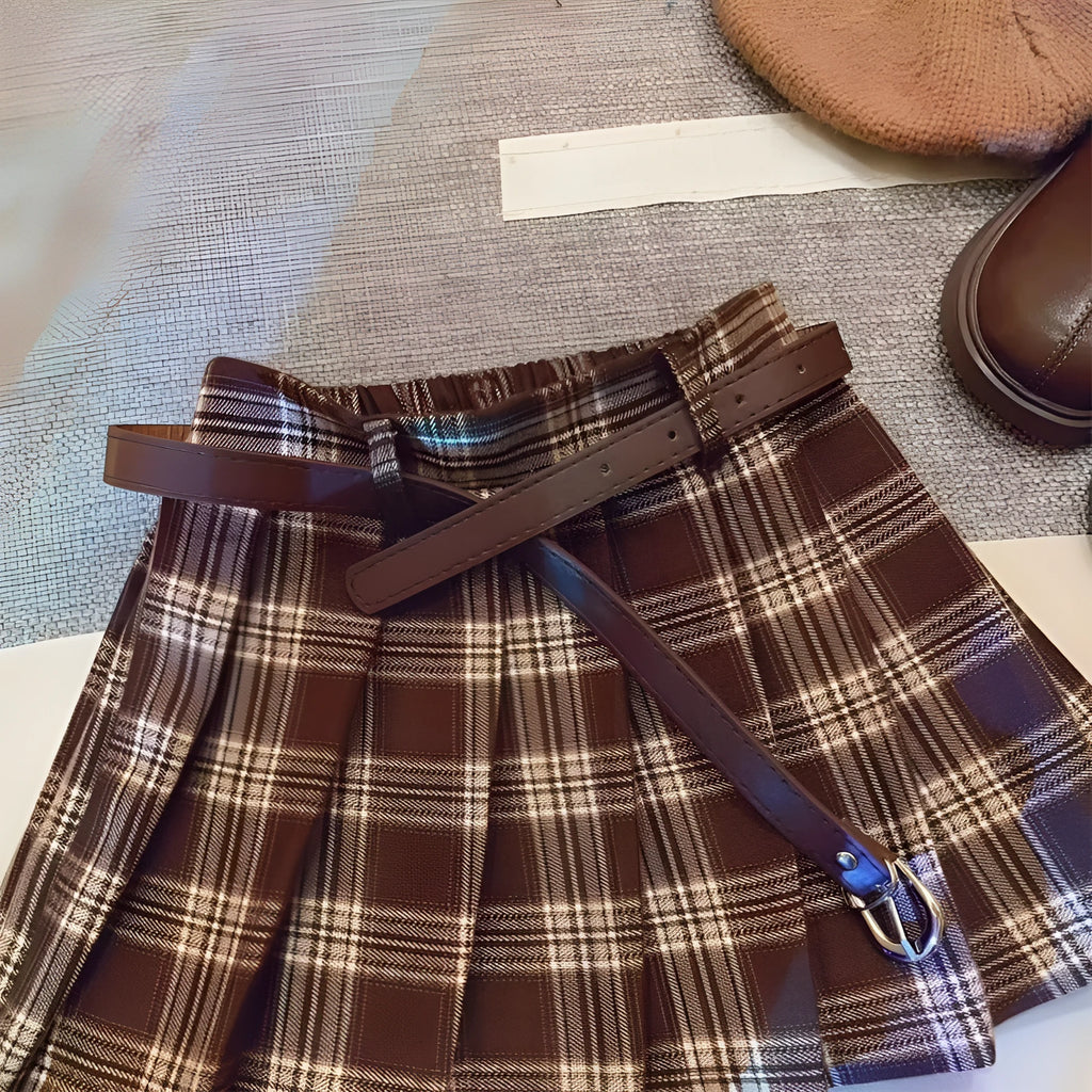 Girls red and black plaid pleated A-line skirt made from cotton blend fabric.