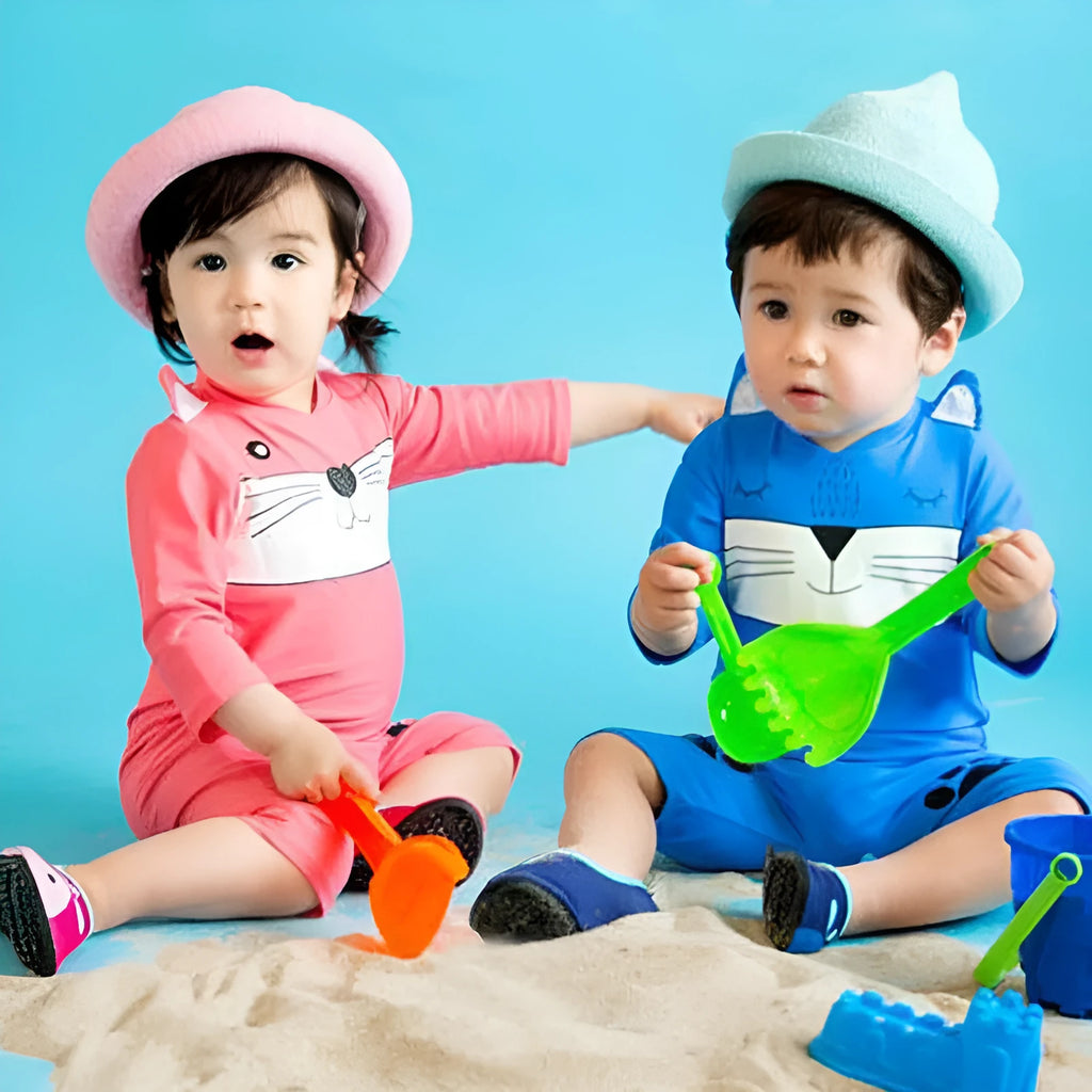 One-piece swimsuit for baby boys and girls with long sleeves, high-elasticity polyester, sun protection, blue colour