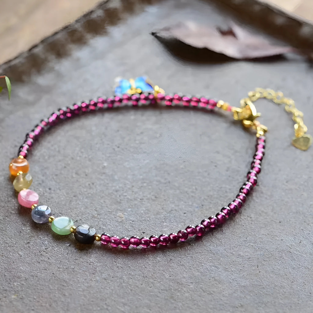 Natural garnet women's purple ethnic geometric anklet on ankle