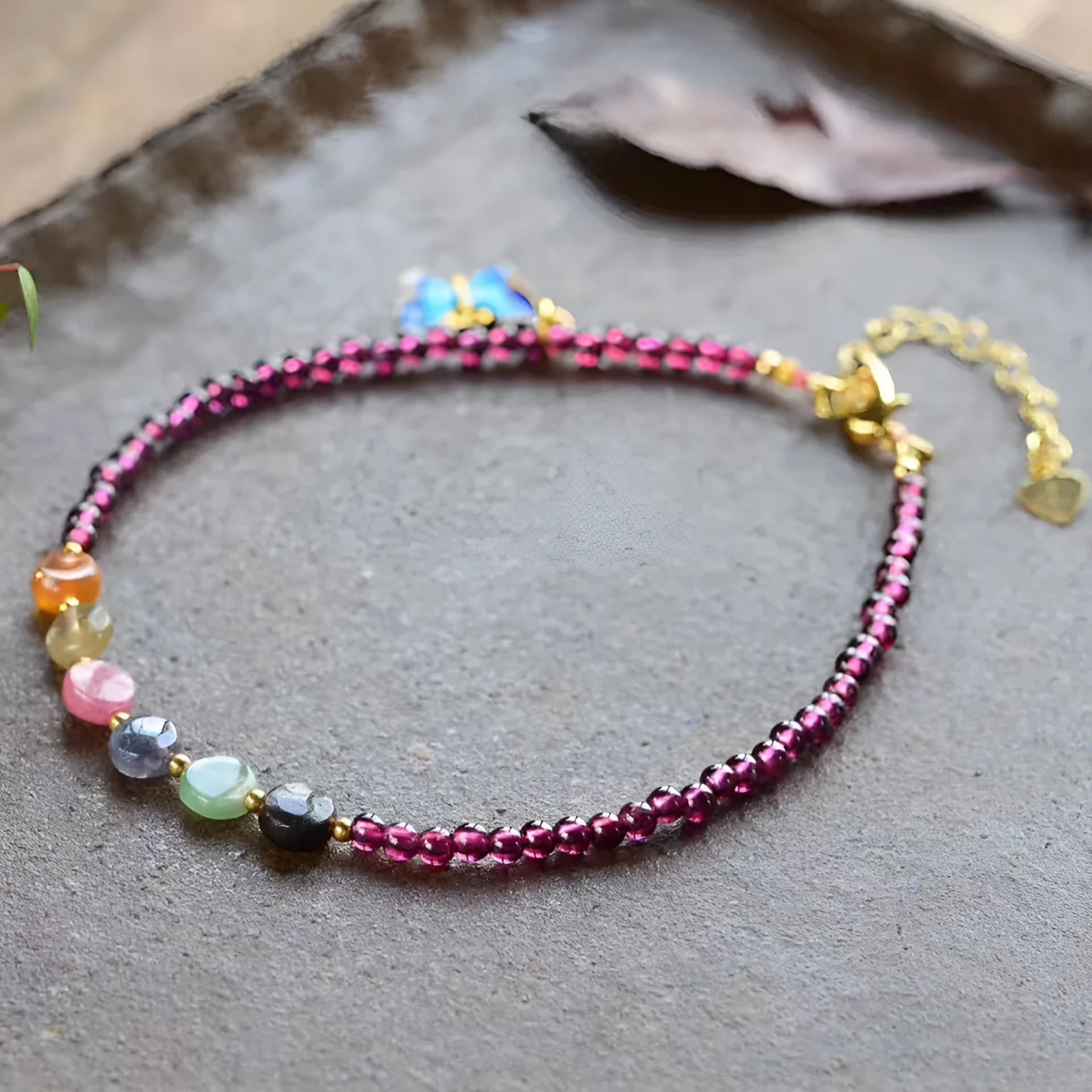 Natural garnet women's purple ethnic geometric anklet on ankle