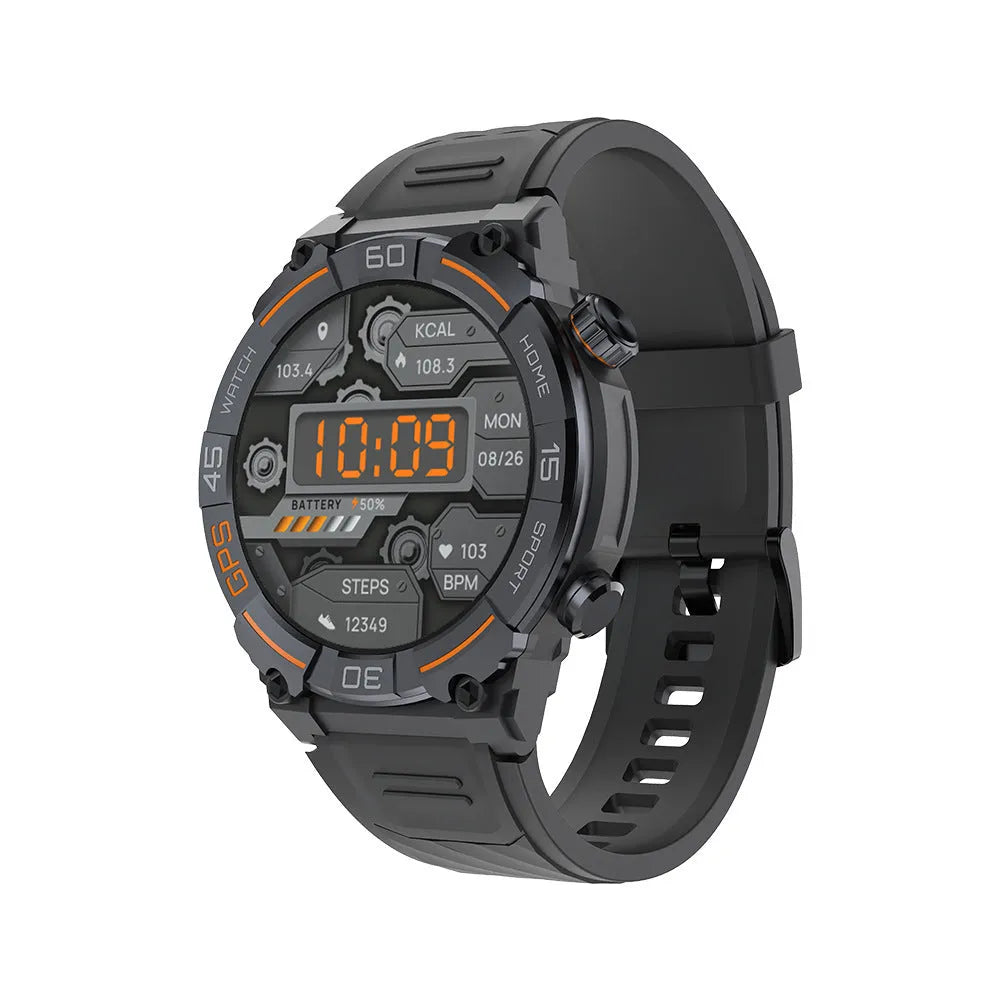 MG02 smart watch in black colour on wrist, showing time and health stats on its TFT screen.