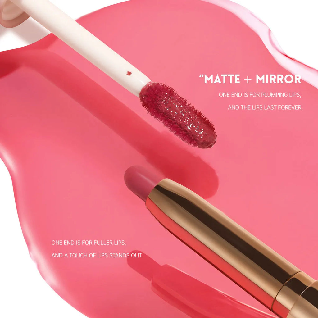 Double-headed lipstick and lip gloss set showing 10 colour options with dual-tip applicator design